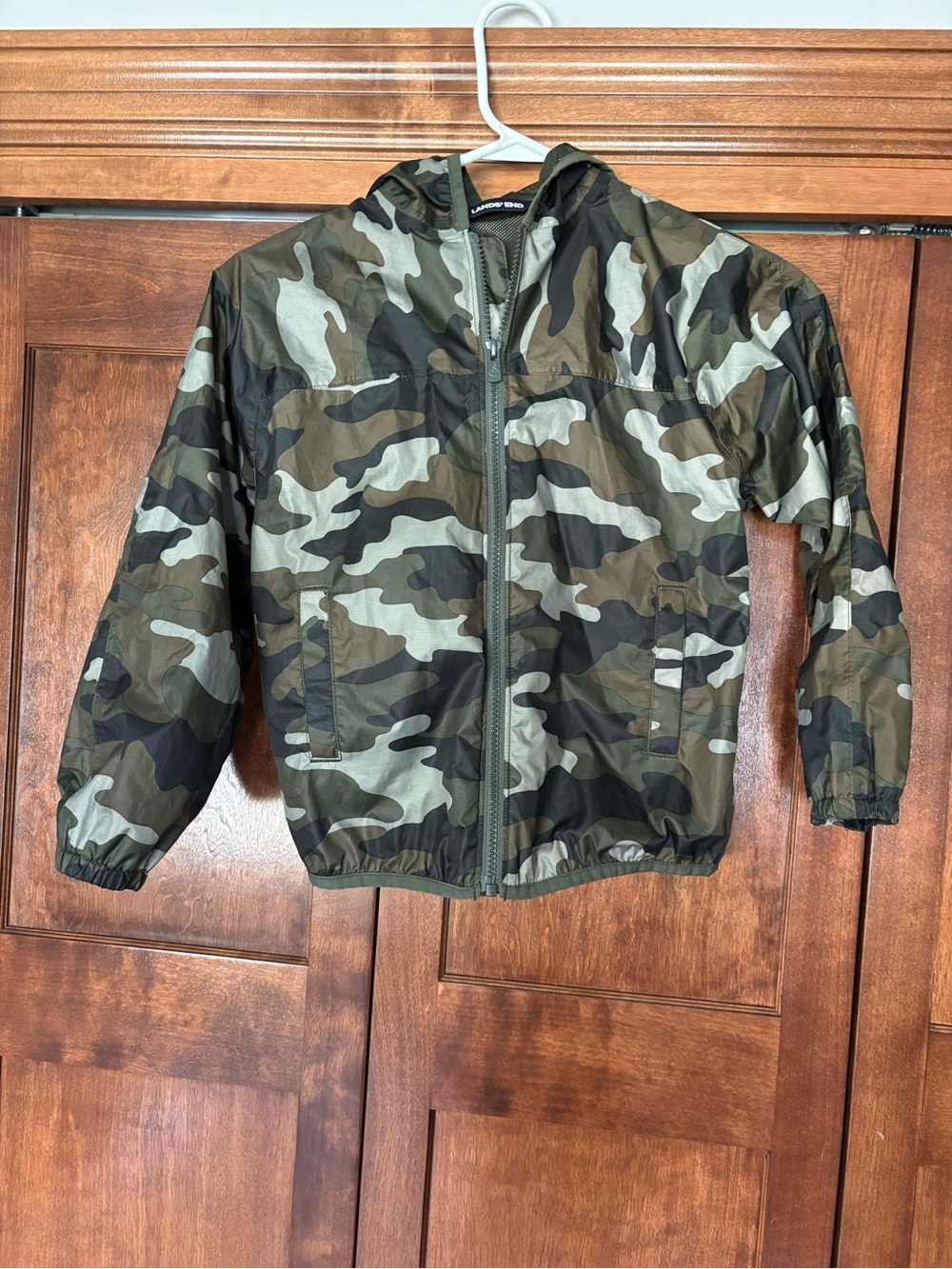 Lands' End Boys' Hooded Camo Rain Jacket - Green/Brown/Black size L/7